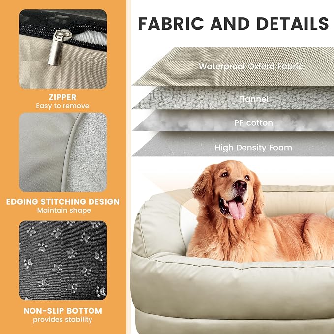 Calming Dog Bed for Large Medium Dogs, XXL 16" Depth High Sides Cuddler Large Dog Couch Bed Oval Anti Anxiety Dog Bed with Head Support - Supportive Foam and Soft Cotton, Beige