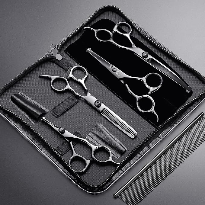 Gimars 7inch Professional 4CR Stainless Steel 6 in 1 Grooming Scissors for Dogs with Safety Round Tip, Heavy Duty Titanium Coated Pet Grooming Scissor for Dogs, Cats and Other Animals