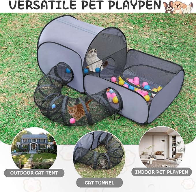 Tailtastic Pet Playpen with Surround Tunnel, Outdoor/Indoor Cat Playpen with Breathable Soft Sides，Tailtastic Cat Enclosure Tent for Small Animals, Portable Tent with Carry Bag (Medium)