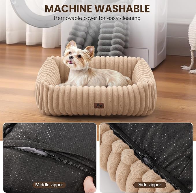Cute Dog Bed for Small Dogs & Cats,Washable Fluffy Cat Beds for Indoor Cats, Rectangle Orthopedic Memory Foam Puppy Beds with Anti-Slip Bottom, 20 x19 x 7 Inches, Camel