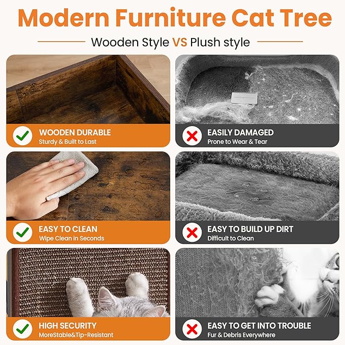 Modern Wood Cat Tree Tower for Indoor Large Cats, 33.8-Inch Tall Wooden Cat Trees with Big Perch Bed, Cat Scratching Pads, Washable Cushions and Scratching Mat, Cat Furniture, Rustic Brown