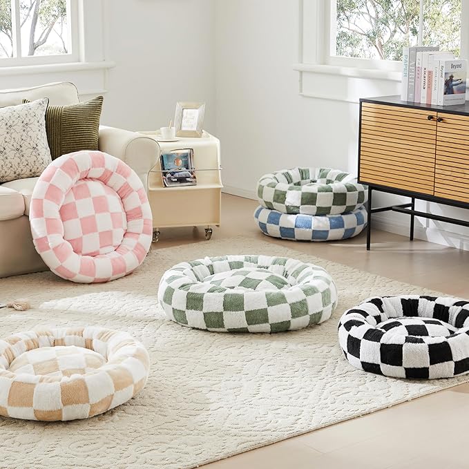 Ohocut Checkered Dog Bed, Cute Sage Green Retro Style Aesthetic Round Warming Pet Calming Beds for Small Dog and Cats, Plush Cozy Donut Washable, 30" L x 30" W x 8" Th