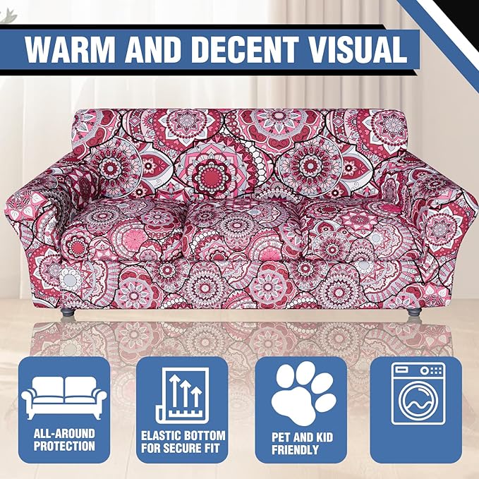 Stretch Couch Covers for 4 Separate Cushion Couch Sofa-Floral Printed Couch Sofa Cover,Washable Sofa Slipcover,Pet Friendly Furniture Protector with Elastic Bottom,Universal Fit for Home(Couch,Cover)