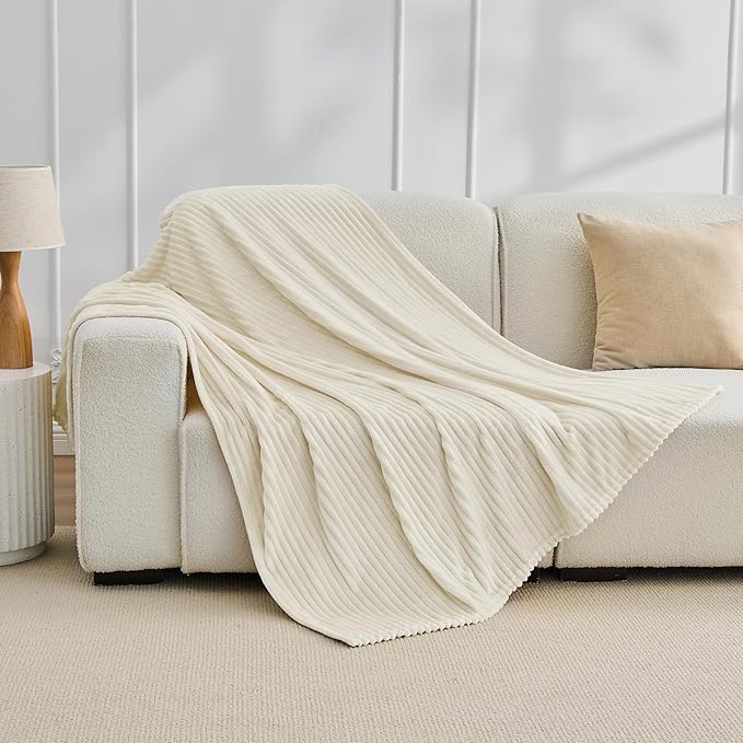 Bnuitland Fleece Throw Blanket for Couch, 300GSM Soft Warm Cozy Fluffy Ivory Throw for Adults & Kids, Stripe Pattern 50"x60", All Season Sofa Bed Blanket for Home Decor