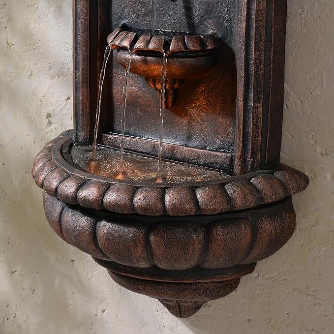 Teamson Home 32.1 in. Wall-Mounted Lion Head Stone LED Outdoor Water Fountain for Gardens, Landscaping, Patios, Balconies, Lawns to Create a Calming Oasis in Outdoor Living Spaces, Antique Bronze