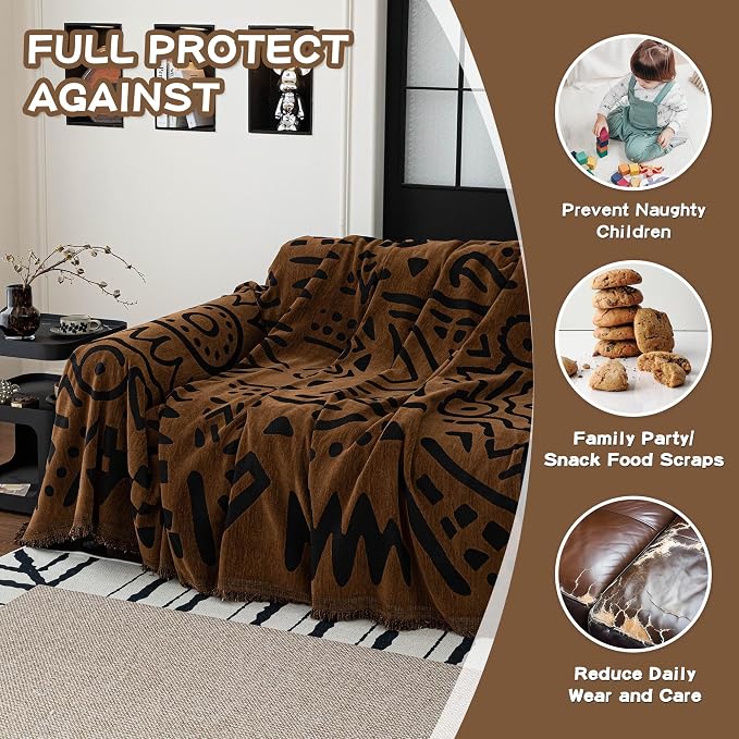 MEETSKY Boho Couch Cover Sofa Covers, Chenille Geometric Dark Brown Couch Covers for 2 Cushion Couch Sofa for Dogs, Washable Sofa Slipcover for Cat Sofa Protector with Tassels,71" x 118"