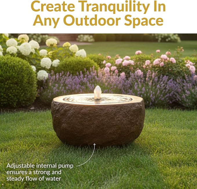 Sunnydaze Outdoor Water Fountain with LED Light - Polystone Round Bowl Bubbler Water Feature with Pump - 9.5" H - for Patio, Garden, Deck, Relaxation and Stress Relief - Brown
