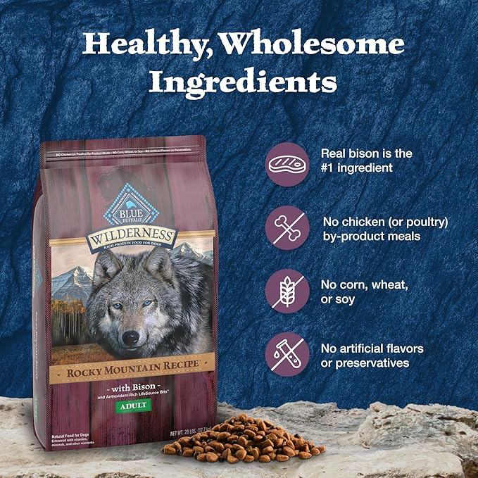 Blue Buffalo Wilderness Rocky Mountain Recipe with Bison High Protein & Wholesome Grains Dry Dog Food for Adult Dogs, 30% Protein, Supports Immunity With Antioxidant-Rich LifeSource Bits, 28 lbs.