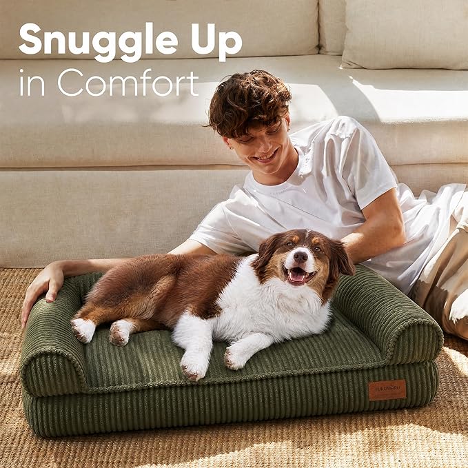 FUKUMARU Cute Dog Bed, Thickened Orthopedic Dogs Couch, 36in Egg Crate Foam Pet Sofa for Medium to Large Dogs, Waterproof Warm Corduroy Pet Bed with Washable Cover, Green