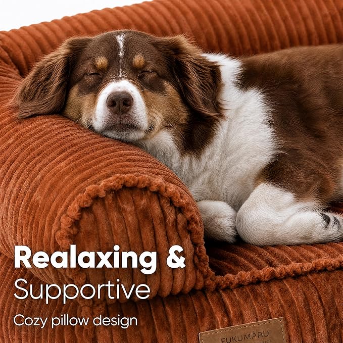 FUKUMARU Cute Dog Bed, Waterproof Corduroy Dogs Couch, 36in Orthopedic Pet Sofa for Medium to Large Dogs Dog, Warm Cotton Pet Bed with Washable Cover, Orange