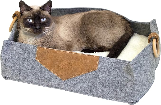 Kitty City Felt Lounge Sleeper Bed for Cats, Warm and Cozy Cat Bed with Machine Washable Cushion, Felt Construction with Faux Leather Details and Wood Handles, Gray, 15"D x 18"W x 7"H (CM-10068-CS01)