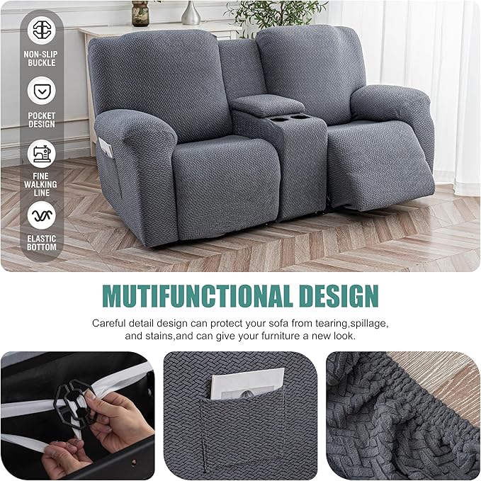 Genina Recliner Loveseat Covers with Console, Stretch Reclining Sofa Covers, 2 Seater Couch Cushion Stripe Jacquard Recliner Slipcovers - Furniture Protector Covers for Pet Kid (Dark Gray)
