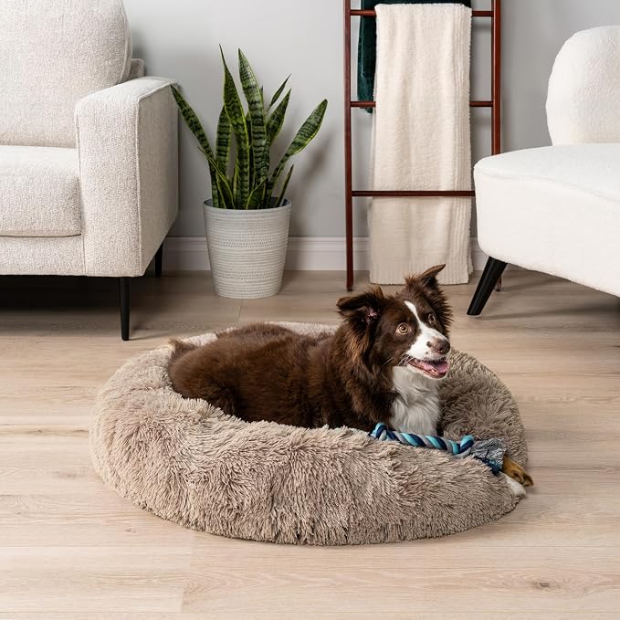 PetAmi Calming Dog Bed for Small & Medium Dogs, Cats & Puppy, Warming Round Donut Cuddler Bed, Anti-Anxiety Fluffy Shaggy Faux Fur Pet Bed, Machine Washable, Non-Slip Bottom, 30 Inch - Taupe