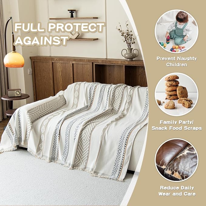 MEETSKY Boho Couch Cover Sofa Covers, Chenille Geometric Couch Covers for 2 Cushion Couch Sofa for Dogs, Washable Sofa Slipcover for Cat Couch Protector with Tassels,71" x 118", White