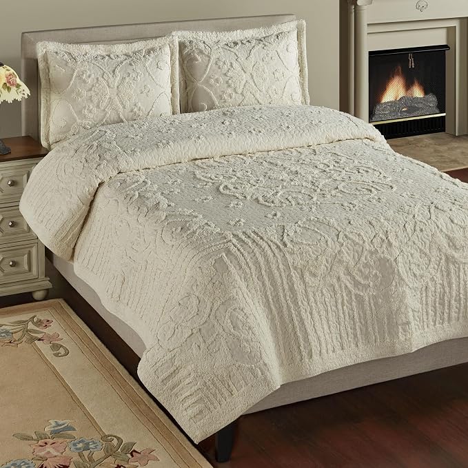 Lorenza Pure Cotton Chenille Bedding | Neutral Ecru | Soft Tufted Scrollwork, Floral, and Stripe Designs | Solid Color 3-Piece Quilted Bed Set includes Oversized Queen Quilt & 2 Standard Pillow Shams