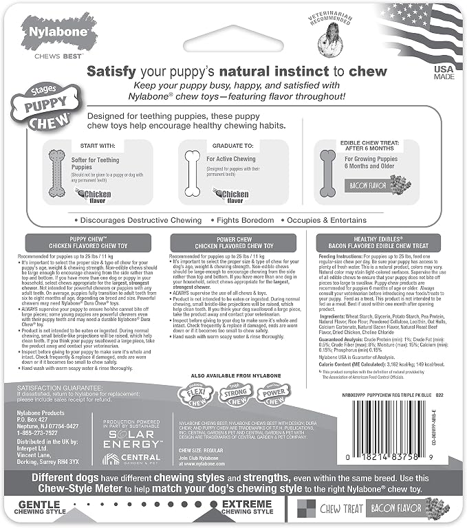Nylabone New Puppy Starter Kit, Chew Toys & Natural Chew Treat for Puppies, Puppy Enrichment Teething Toys, Blue, Long Lasting Chicken & Bacon Flavor, Small Dogs - Up to 25 Ibs, 3 Pack
