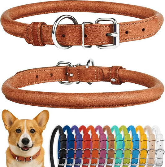 CollarDirect Rolled Leather Dog Collar, Soft Padded Round Puppy Collar, Handmade Genuine Leather Collar Dog Small Large Cat Collars Black Pink Red Purple Blue (Fits 15"-18" Neck, Brown)