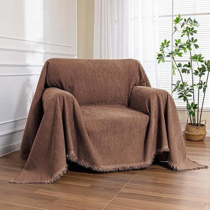 MEETSKY Sofa Covers Armchair Single Couch Cover for Dogs,Throw Couch Cover with Tassel Chair Recliner Futon Cover Washable 1 Cushion Couch Chenille Couch Protector, 71"x 91", Reddish Chocolate