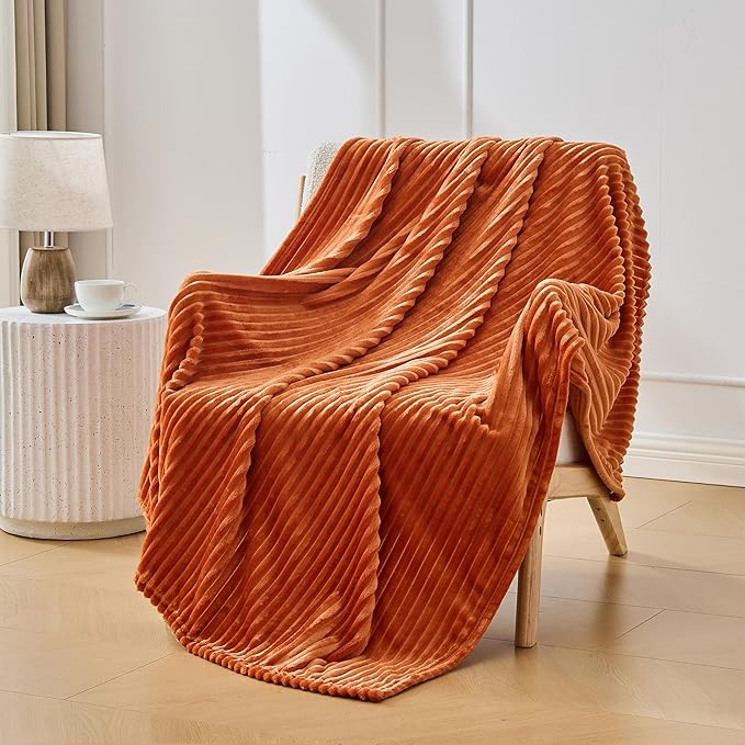 Bnuitland Burnt Orange Fleece Throw Blanket for Couch, 300GSM Soft Warm Cozy Fluffy Throw for Adults & Kids, Stripe Pattern 50"x70", All Season Sofa Bed Blanket for Home Decor