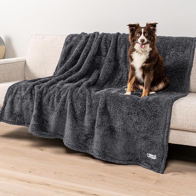 PetAmi Fluffy Waterproof Dog Blanket for Couch and Bed, Reversible Sherpa Pet Throw, Pee Proof Furniture Protector Sofa Cover, Washable Cat Blanket for Medium Large Dogs and Cats (Grey, 60x80)