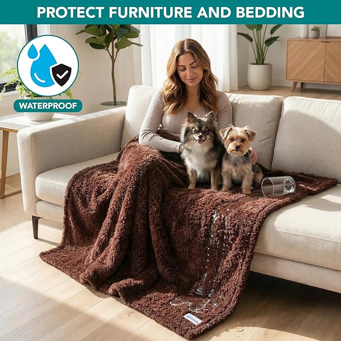 PetAmi Fluffy Waterproof Dog Blanket for Couch and Bed, Reversible Sherpa Pet Throw, Pee Proof Furniture Protector Sofa Cover, Washable Cat Blanket for Medium Large Dogs and Cats (Brown, 40x60)