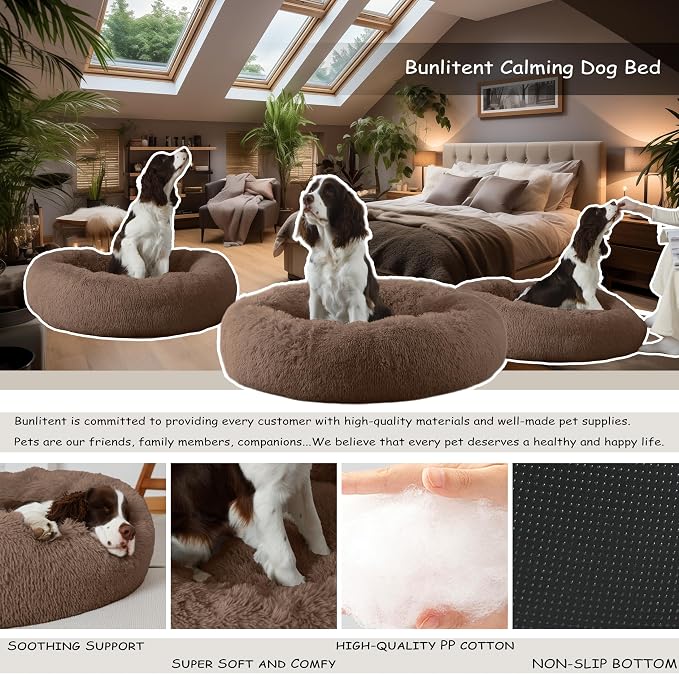 Bunlitent 39'' inch Calming Dog Bed, Plush Anti-Anxiety Donut Dog Bed for Medium Large Dogs, Warming Cozy Soft Cute Round Washable, Marshmallow Cuddler Nest Pet Bed, Brown
