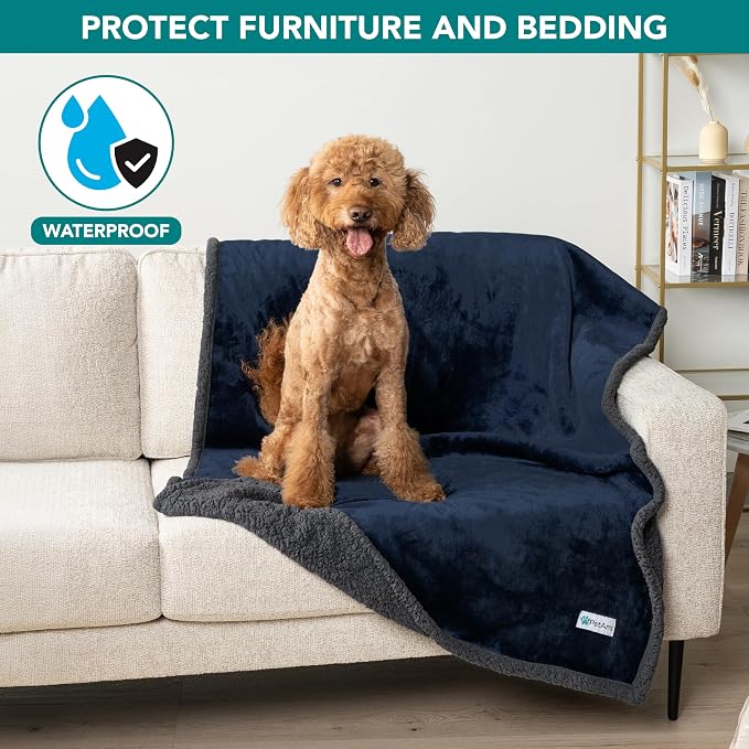 PetAmi Waterproof Dog Blanket for Couch, Extra Large 80x60, Pee Proof Sherpa Fleece Reversible Pet Throw, Furniture Protector for Bed Sofa Crate Kennel, Soft Washable Cover for Dog Cat, Blue Grey