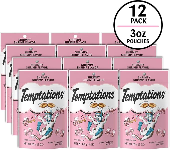 Temptations Cat Treats, Classic Crunchy and Soft Cat Treats, Shrimpy Shrimp Flavor, 3 oz. Pouch (Pack of 12)