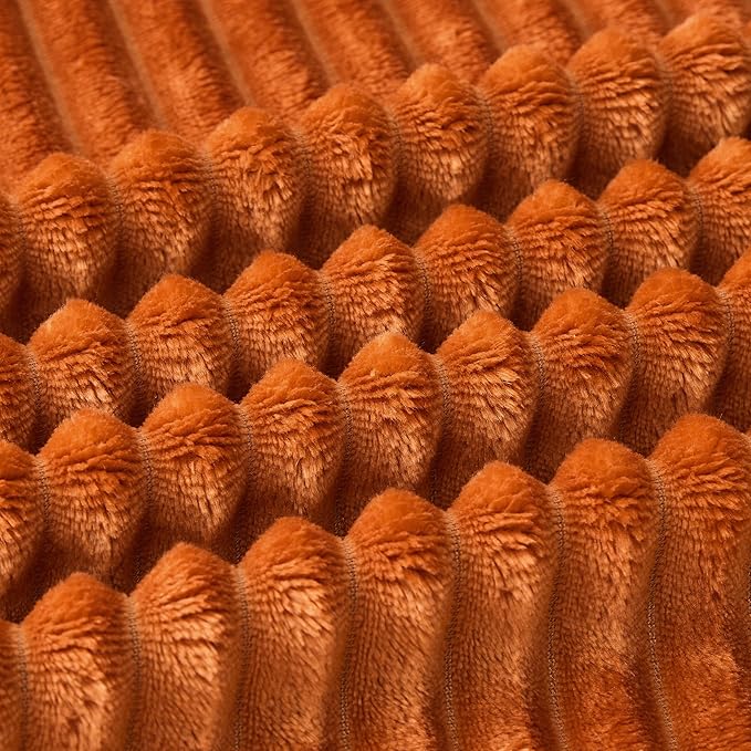 Bnuitland Burnt Orange Fleece Throw Blanket for Couch, 300GSM Soft Warm Cozy Fluffy Throw for Adults & Kids, Stripe Pattern 50"x60", All Season Sofa Bed Blanket for Home Decor