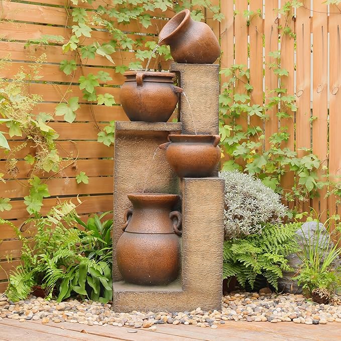 Resin Outdoor Water Fountain 4-Tier Jar Waterfall - Quiet Pump, LED Lights, Rustic Jar Cascading Water Feature for Garden Patio Backyard Decor, 53" H Fountain, Gold