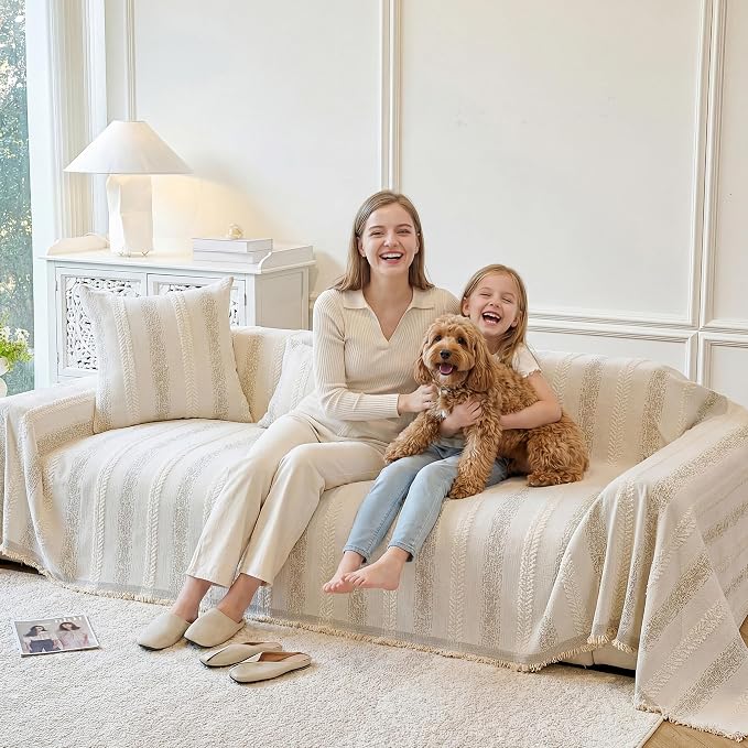 Couch Cover for Dogs Washable Sofa Cover, Sectional Couch Covers, Sofa Covers for 2 Cushion Couch, Non Slip Stripe Sofa Slipcovers Furniture Protector (Beige, 91 * 150)