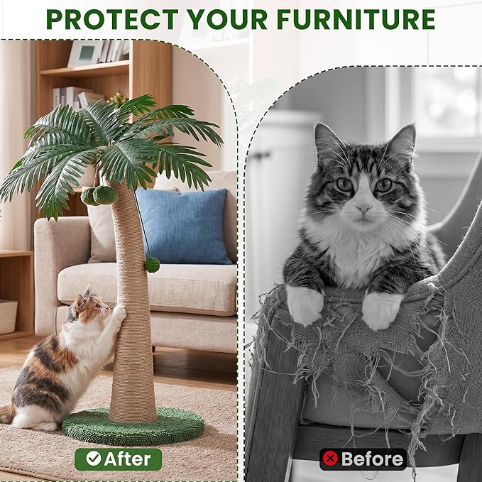 43 Inch Tall Cat Scratching Post for Indoor Large Cats, Natural Sisal Scratch Post with Hanging Toys, Stable Base Cat Scratcher for Kittens & Adult Cats, Tropical Cat Tree Furniture