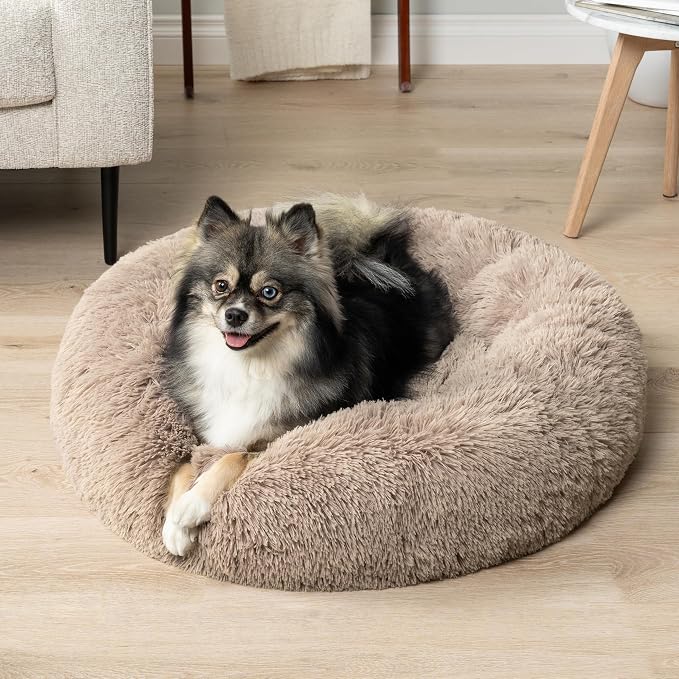 PetAmi Calming Dog Bed for Small & Medium Dogs, Cats & Puppy, Warming Round Donut Cuddler Bed, Anti-Anxiety Fluffy Shaggy Faux Fur Pet Bed, Machine Washable, Non-Slip Bottom, 23 Inch - Taupe