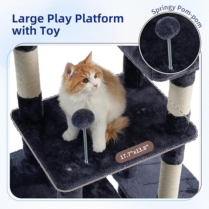 Gitelsnour Cat Tree for Indoor Cats, 55.1 inch Cat Tower with 7 Sisal Scratching Posts, Multi-level Cat Condo wit Large Play Platform Furry Ball, Cat Cave, 2 Padded Perches, Basket, Smoky Gray GCT013G