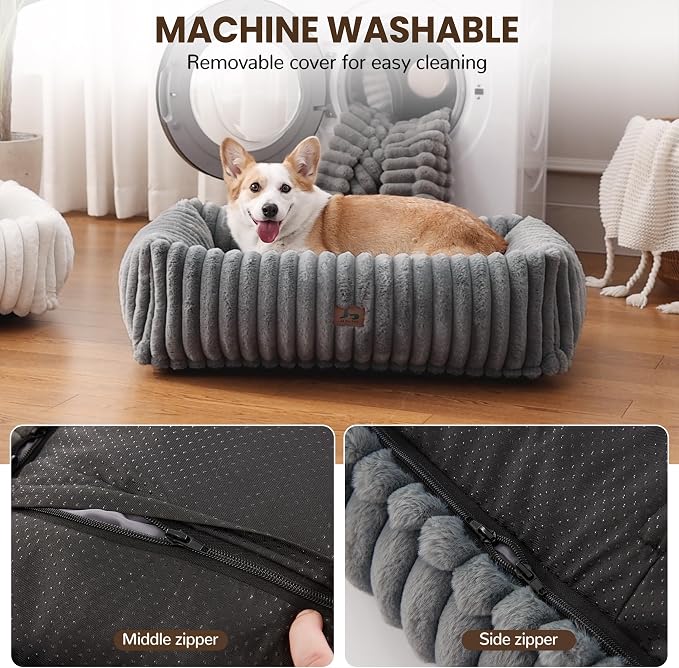 Dog Bed Medium Size Dog, Rectangle Orthopedic Pet Bed for Car and Indoor, Comfort Fluffy Memory Foam Dog Beds with Anti-Slip Bottom,Grey(30x24x8inchs)