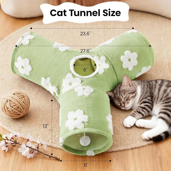 Tempcore Flannel Cat Tunnel for Indoor Cats, 3 Way Collapsible Pet Play Tunnel with Teaser Wand, Peek Holes & Hanging Ball, Interactive Tube for Kittens & Rabbits, Daisy Green