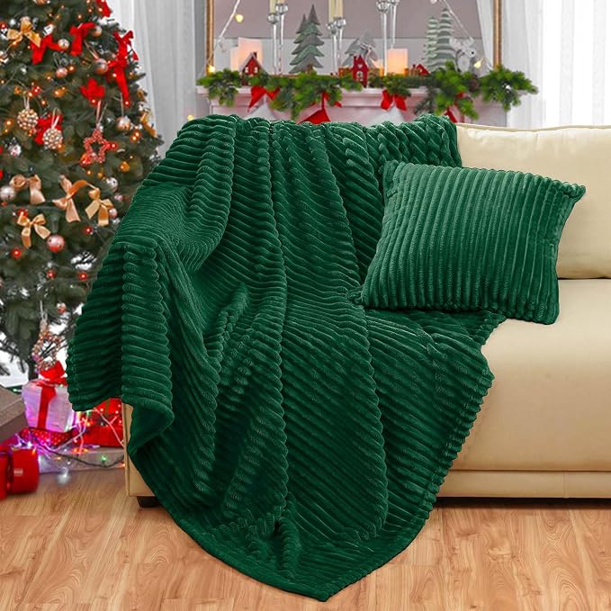 Bnuitland Dark Green Flannel Throw (50X71 inches) with Pillow Cover(18×18"),300GSM Super Soft Fleece Stripe Pattern Sofa Blanket, Lightweight Cozy Bed Throw for Home Decor All Season