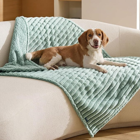 Bedsure ComfyFleece™ Waterproof Dog Blankets for Large Dogs - Soft Pet Cat Blanket Corduroy Fleece for Couch Protector Washable, Cozy Calming Reversible Furniture Protection,40"x50", Garden Green
