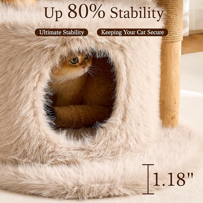 HITTITE Natural Wood Cat Tree Tower with Scratching Post, 56.8 Inches Tall Modern Cat Tower with Cozy Bed and Condo, Luxury Real Branch Cat Tree for Indoor Cats Large Adult, Khaki.