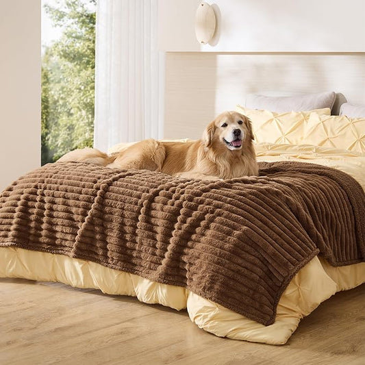 Bedsure ComfyFleece™ Waterproof Dog Blankets for Large Dogs - Soft Pet Cat Blanket Corduroy Fleece for Bed Protector Washable, Cozy Calming Reversible Furniture Protection,60"x80", Camel Brown