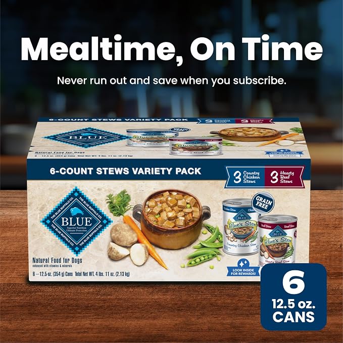 Blue Buffalo Blue’s Stew Variety Pack Hearty Beef & Country Chicken Stew Natural Grain Free Wet Dog Food with Real Meat in Thick Savory Gravy, Natural Ingredients, 12.5-oz Cans (6 Count)
