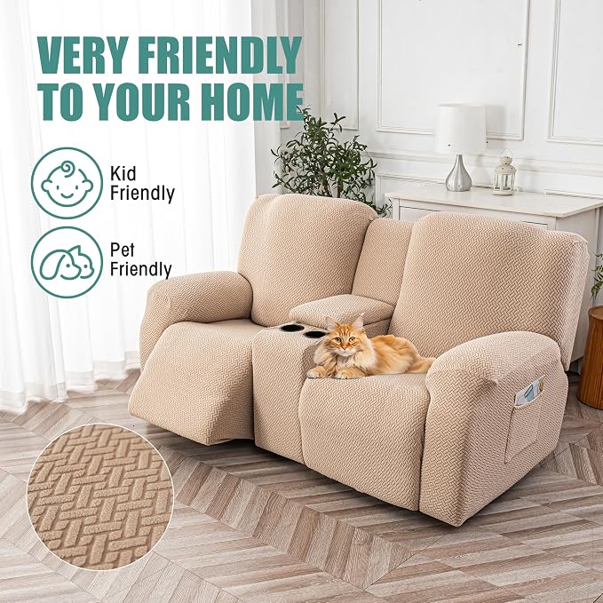 Genina Recliner Loveseat Covers with Console, Stretch Reclining Sofa Covers, 2 Seater Couch Cushion Stripe Jacquard Recliner Slipcovers - Furniture Protector Covers for Pet(Khaki)