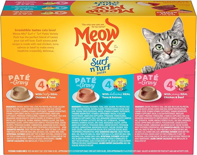 Meow Mix Paté in Gravy Wet Cat Food Variety Pack, Surf n’ Turf Patés 2.75 Ounce (Pack of 48)