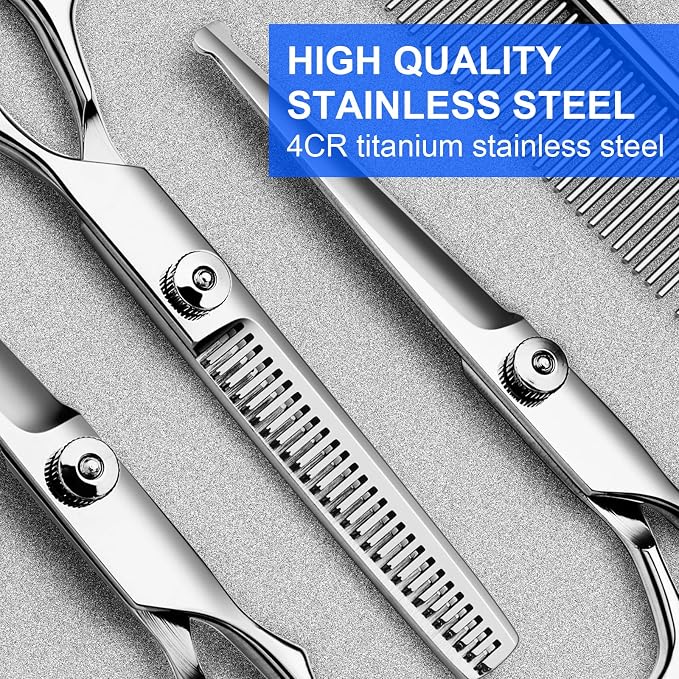TINMARDA Dog Grooming Kit, Professional Stainless Steel Dog Grooming Scissors with Curved Shears, Blue Finger Rings - 5 Piece Sharp Durable Pet Shears for Dogs Cats At Home Salon-Quality Grooming