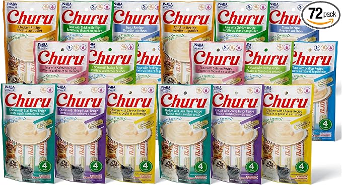 INABA Churu Cat Treats, Grain-Free, Lickable, Squeezable Creamy Purée Cat Treat/Topper with Vitamin E & Taurine, 0.5 Ounces Each Tube, 72 Tubes (4 per Pack), 9 Flavor Variety