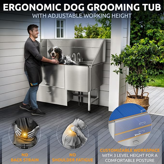 KANIS Professional Dog Washing Station 304 Stainless Steel Pet Wash Sink & Grooming Bathtub w/Shower, Floor Grates and Storage for Large, Medium & Small Pets (Silver, 61 Inches, Right Ramp, 1 Drawer)