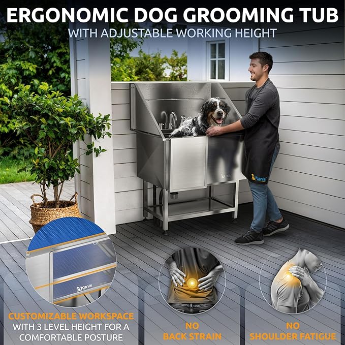 KANIS Professional Dog Washing Station 304 Stainless Steel Pet Wash Sink & Grooming Bathtub w/Shower, Floor Grates and Storage for Large, Medium & Small Pets (Silver, 40 Inches, Left Ramp, Shelf)