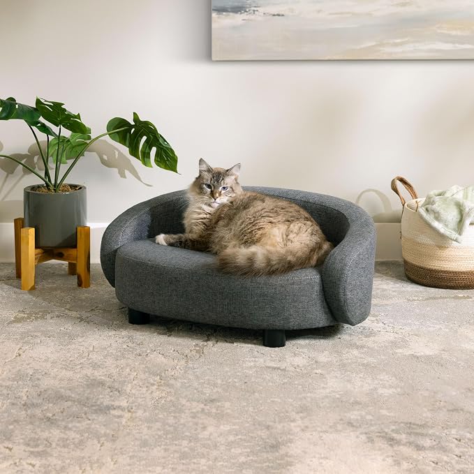Paws & Purrs Arc Crescent Back Sofa Style Pet Bed, Dog & Cat Modern Couch with Tufted Cushion & Armrest, Stylish Indoor Pet Furniture, Dark Gray