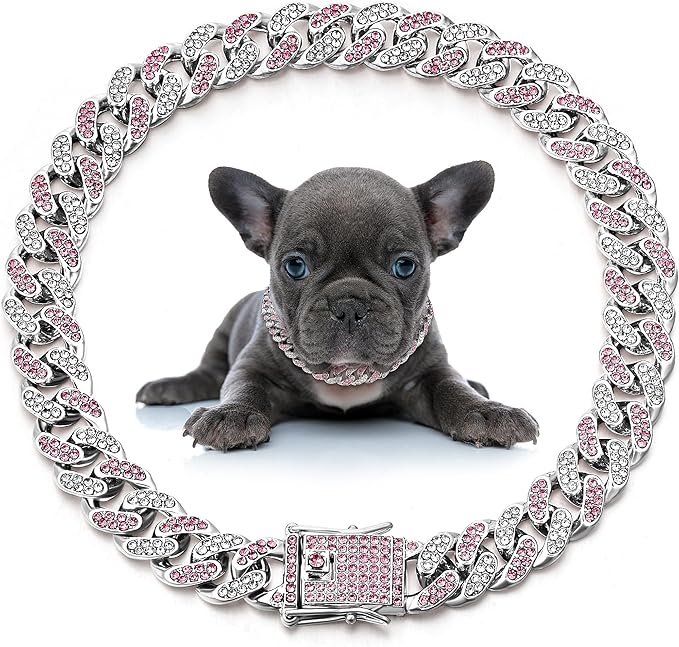 LEIFIDE Dog Chain Collar Diamond Link Puppy Collar 12 mm Wide Dog Necklace Metal Cat Chain Pet Crystal Necklace Jewelry Accessories for Small Medium Large Pet(14 Inch,Silver, Pink White)