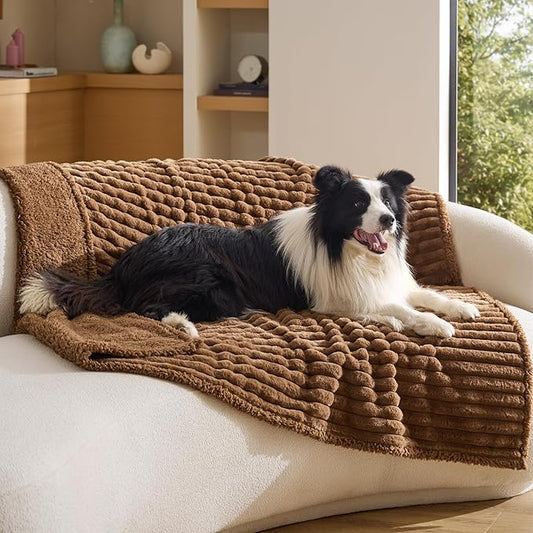 Bedsure ComfyFleece™ Waterproof Dog Blankets for Large Dogs - Soft Pet Cat Blanket Corduroy Fleece for Couch Bed Protector Washable, Cozy Calming Reversible Furniture Protection,50"x60", Camel Brown